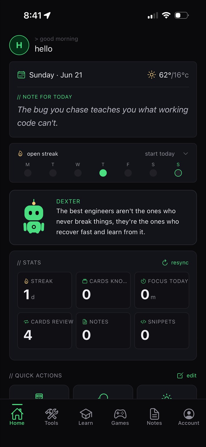 Aldo's Toolkit, Home dashboard
